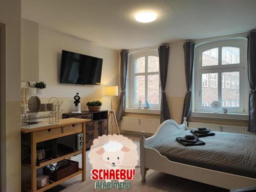 a room with a bedroom with a bed and a tv at SchaeBu! Appartment 1 Die Ostsee am Altmarkt in Cottbus