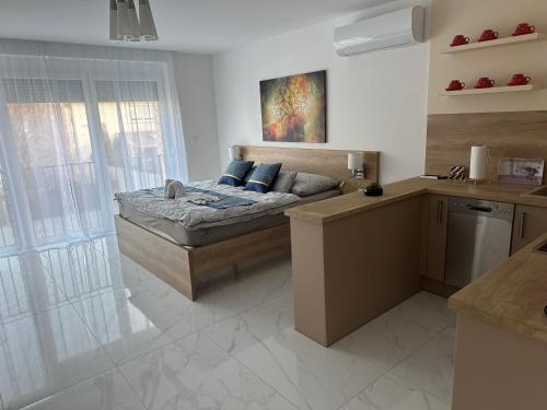 a bedroom with a bed with blue pillows on it at Rigó Apartman in Sárvár