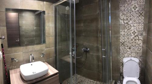 een badkamer met een douche, een toilet en een wastafel bij Ammouses Apartment in Potamós