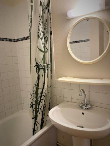 une salle de bain avec un lavabo et un rideau de douche dans l'établissement Appartement double 8 à Limoges, à Limoges