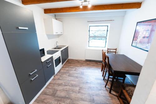 a kitchen and dining room with a table and a refrigerator at MonteurGut Apartments Kastanie in Marren