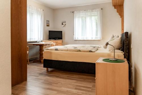 a bedroom with a bed and a desk and a television at Gasthaus Anker in Konstanz
