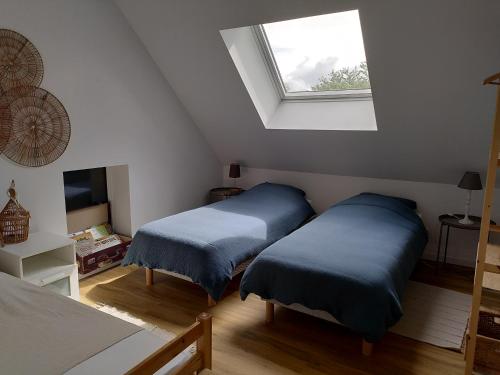 - une chambre avec 2 lits bleus et une fenêtre dans l'établissement Gîte Le Nid aux Papillons, à Palinges