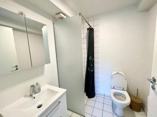 a white bathroom with a toilet and a sink at 5 minute walk to LEGO HOUSE - n18 in Billund
