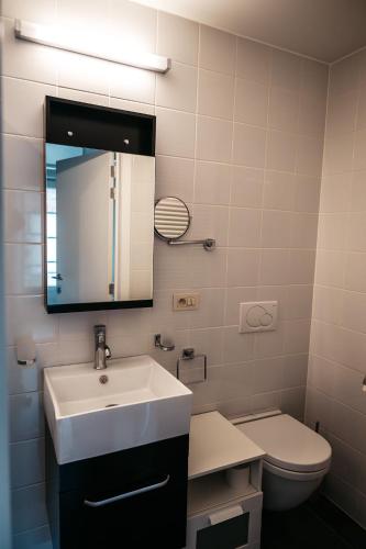 a bathroom with a sink and a toilet and a mirror at B&B Anna-Grace in Diksmuide