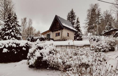 a house covered in snow in a yard at Chata se zahradou v Liberci in Liberec