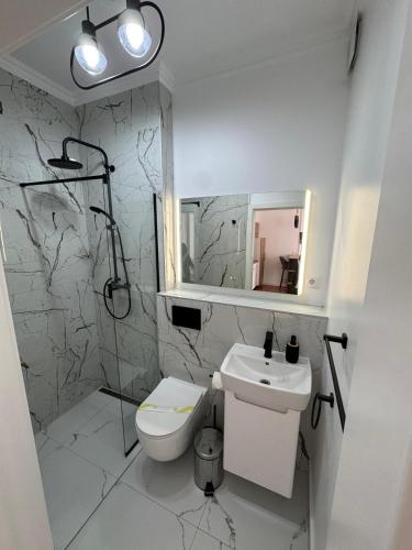 a bathroom with a sink and a toilet and a mirror at Moft Hotel Apartments Free Parking Self Check-In in Oradea