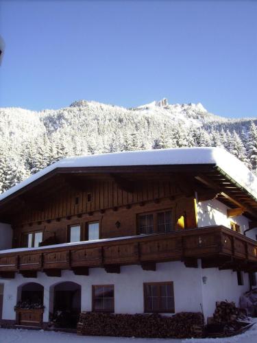 a building with a snow covered mountain in the background at Ferienwohnung Landhaus Lechner in Buchau