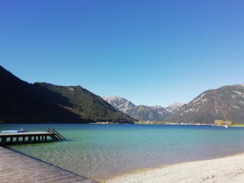 a dock on a beach with mountains in the background at Ferienwohnung Landhaus Lechner in Buchau