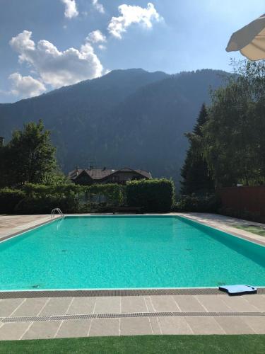 a swimming pool with a mountain in the background at Beautiful family apartment with pool in Carisolo