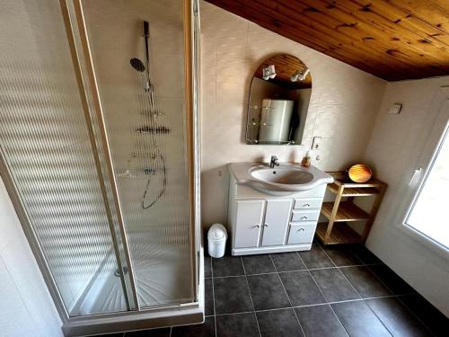 une salle de bain avec douche et lavabo dans l'établissement La Salamandre - Situé en plein coeur de ville et proche des thermes, à Rochefort