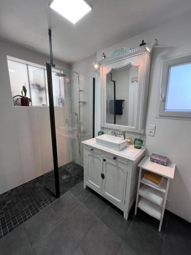 une salle de bain avec un lavabo blanc et une douche dans l'établissement La Brémontine, à Parentis-en-Born