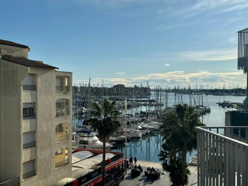 une vue d'une marina avec des bateaux dans l'eau dans l'établissement Appartement - Cap d'Agde, au Cap d'Agde