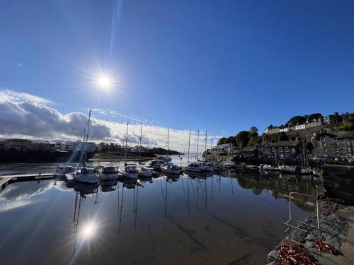 a group of boats are docked in a harbor at Apartment Porthmadog harbourside fantastic estuary views Great spot with parking in Porthmadog