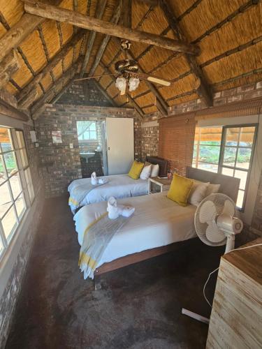a room with three beds and a ceiling with windows at Kaoko Bush Lodge in Kamanjab