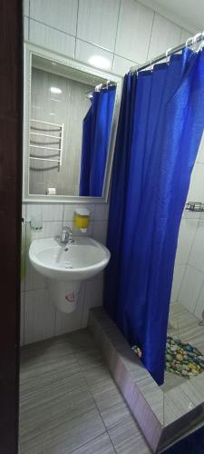 a bathroom with a sink and a blue shower curtain at Садиба Янчар Номер Студiо з Басейном in Mykulychyn