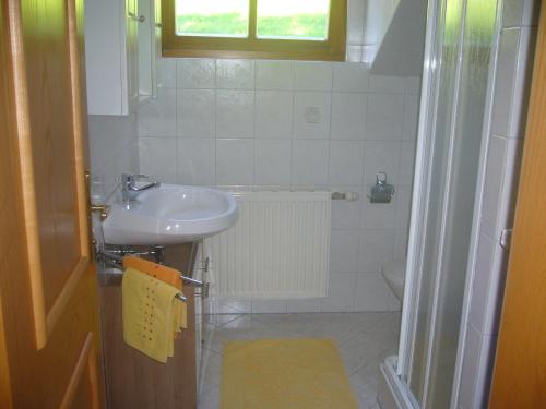 ein kleines Badezimmer mit Waschbecken und Toilette in der Unterkunft Ferienwohnung Fischenhaus, Familie Wesenauer in Mondsee