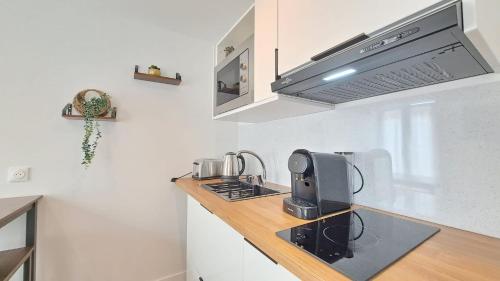 une cuisine avec un évier et une cuisinière four supérieur dans l'établissement Séville - Appartement agréable, à Reims