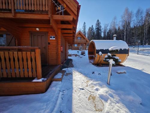 a log cabin with a snow covered yard next to a house at Górskie Wytchnienie Domki Karkonosze in Piechowice