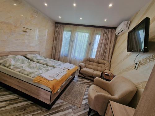 a bedroom with a bed and a tv and a chair at Black Swan guest rooms in Mechkarevo