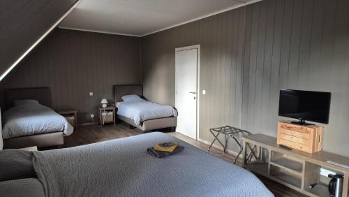 a hotel room with two beds and a television at B&B De Dulle Koe in Waregem