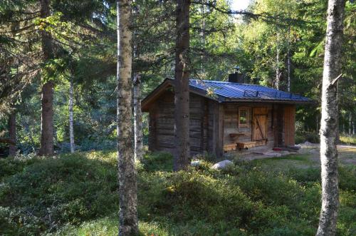 a log cabin in the woods with trees at The Old Logging Camp in Yttermalung