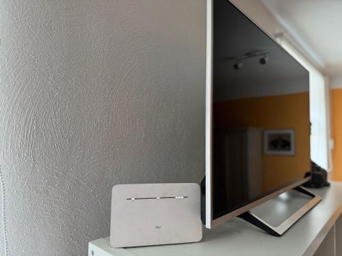 a television on a shelf with a mirror at 18 oaks Private Countryside-palace apartment INDIA in Bauska