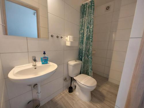 a bathroom with a sink and a toilet and a mirror at Pokoje Bema 14 in Ciechocinek