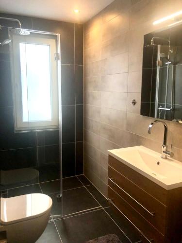 a bathroom with a sink and a toilet and a mirror at Dalhausen, Am Schönste Aussicht in Beverungen