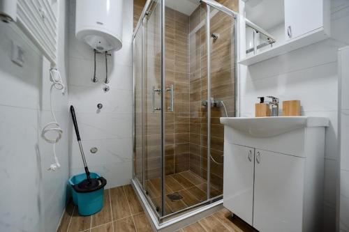 a bathroom with a glass shower and a sink at Gorski Elegance 2 in Zlatibor