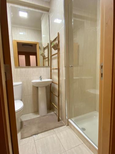a bathroom with a toilet and a sink and a shower at Pombinhos Douro in Peso da Régua