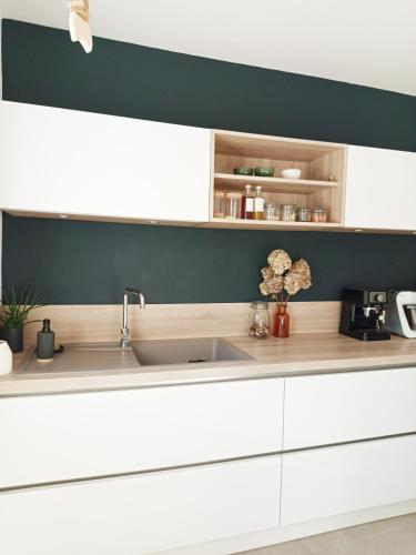 une cuisine avec des armoires blanches et un évier dans l'établissement Parenthèse à Nîmes, à Nîmes