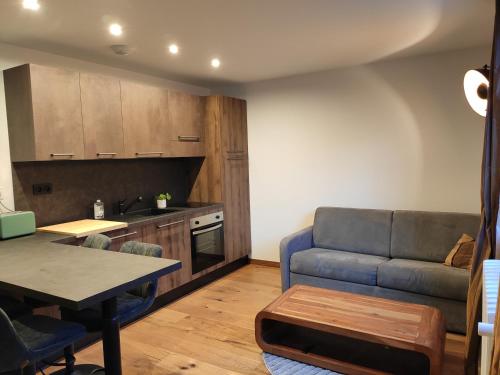 a kitchen and living room with a couch and a table at Appart avec Jardin & Vue Montagne - Proche Ski Briançon Serre Che in Villar-Saint-Pancrace