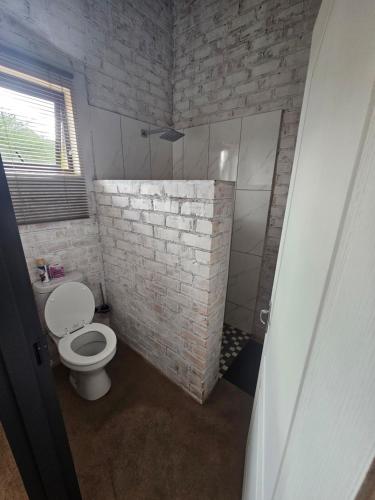 a bathroom with a toilet and a brick wall at Kaoko Bush Lodge in Kamanjab