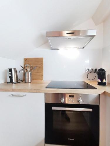 une cuisine avec une cuisinière et un comptoir dans l'établissement Appartement Villa Cosy, à La Tronche