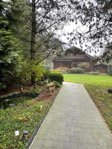 a sheep walking down a sidewalk in front of a house at De Reinakker Bungalow in Sint-Gillis-Waas
