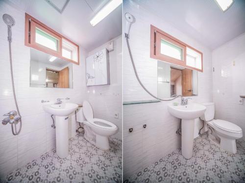 two pictures of a bathroom with a toilet and a sink at Pohang Rainbow Pension in Pohang