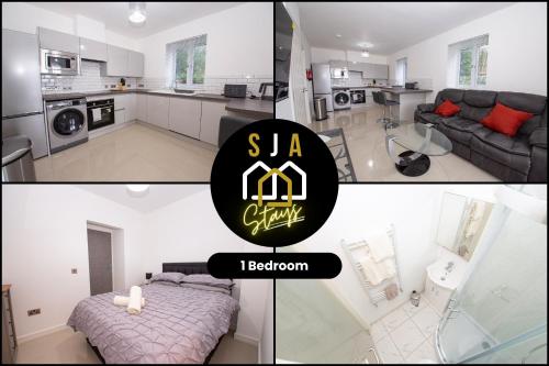 a collage of pictures of a kitchen and a living room at Affleck Retreat 4 - SJA Stays - Modern 1 Bed Apartment in Aberdeen