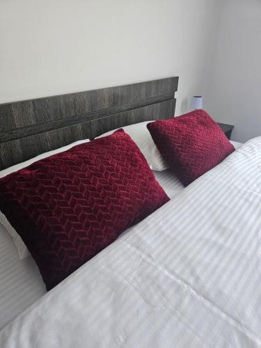 a bed with two red pillows on top of it at Pensiunea Miruna in Moieciu de Jos