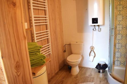 a bathroom with a toilet and green towels at Leśny Zakątek Uroczysko -Apartamenty Nowoczesnej Stodoły in Stogniewice