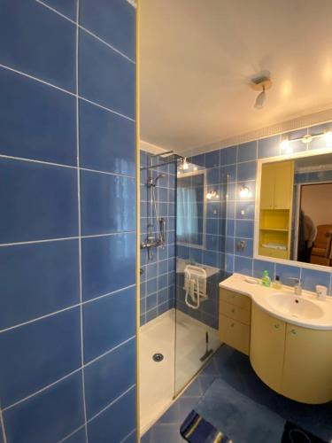 une salle de bain avec un lavabo et une douche dans l'établissement Appartement 3 pièces cœur Riva Bella, à Ouistreham