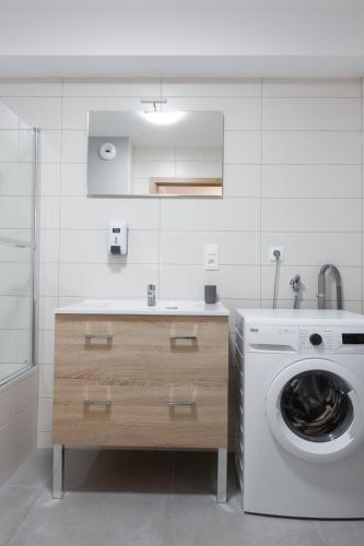 une cuisine avec une machine à laver et un évier dans l'établissement LE RHENANUS Jean Geiler de Kaysersberg - appartement idéal pour famille, au calme - centre ville - parking gratuit, à Sélestat