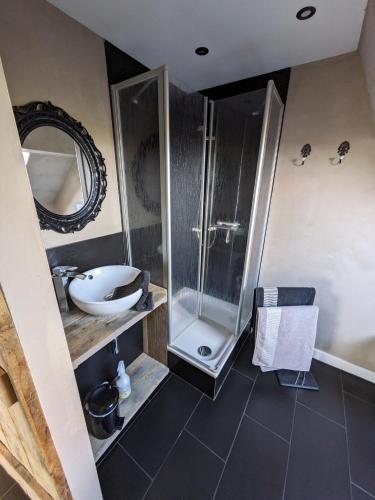 a bathroom with a shower and a sink at Bed&Breakfast Lichtpüntje in Norden