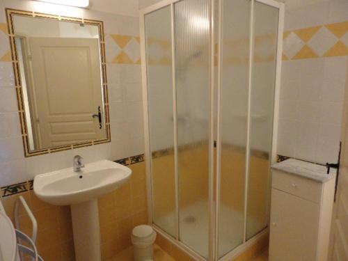 une salle de bain avec douche et lavabo dans l'établissement Studio familial paisible avec piscine au cœur de Valensole - FR-1-822-3, à Brunet