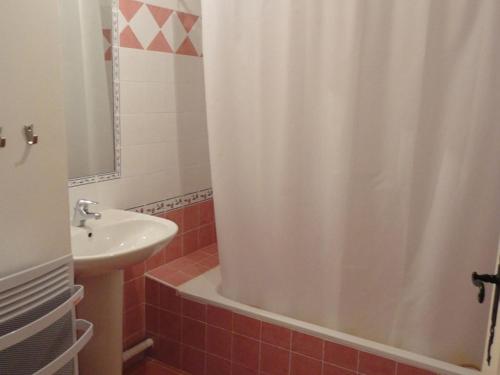 une salle de bain avec un rideau de douche et un lavabo dans l'établissement Gîte familial confortable au cœur de Valensole - FR-1-822-8, à Brunet