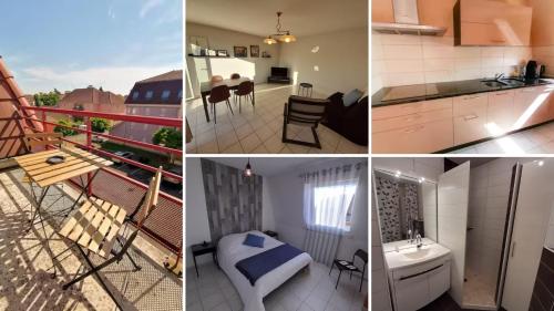 un collage de photos d'une cuisine et d'un balcon dans l'établissement Le Maraîcher avec terrasse, wifi, parking gratuit, à Belfort