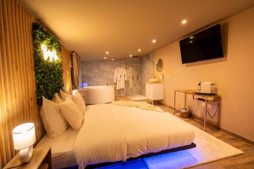 une chambre avec un lit blanc et une télévision dans l'établissement Spa beige room, à Berstett