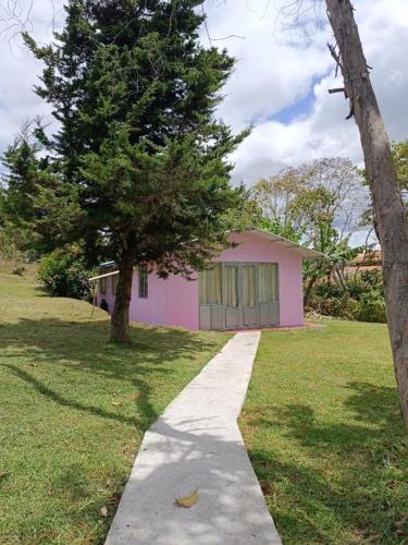 a pink house with a tree and a sidewalk at Villas Panorama Sol in Chachagüí