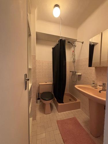 une salle de bain avec toilettes et lavabo dans l'établissement Studio au California Palace, à Cannes