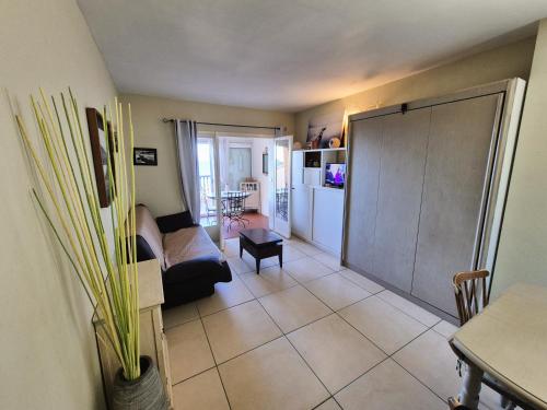 un salon avec un canapé et une cuisine dans l'établissement Pleine vue mer, à 10 m plage de sable, au Brusc, Terrasse..., à Six-Fours-les-Plages